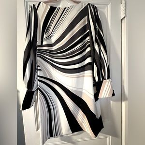 H&M knee length casual white, beige, black dress with modern stripes